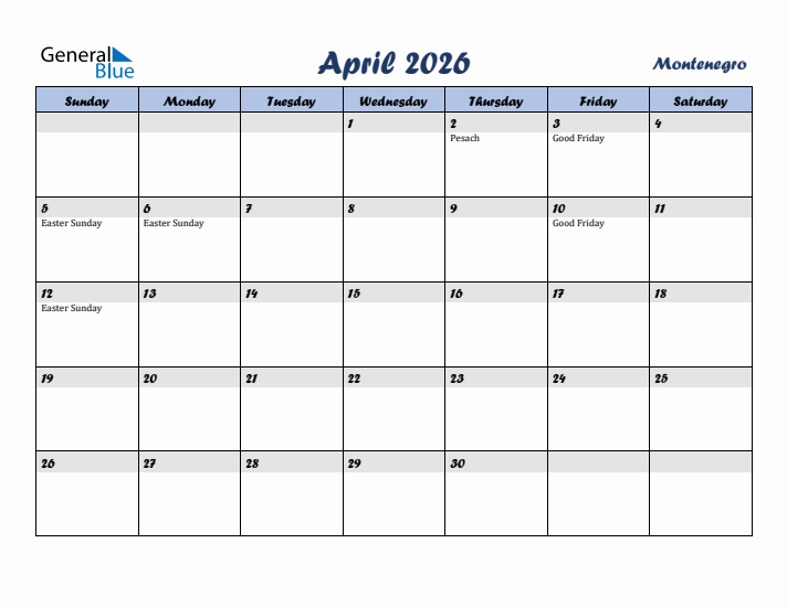April 2026 Calendar with Holidays in Montenegro