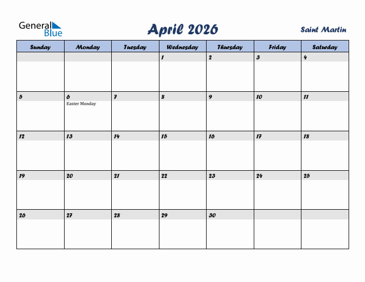 April 2026 Calendar with Holidays in Saint Martin