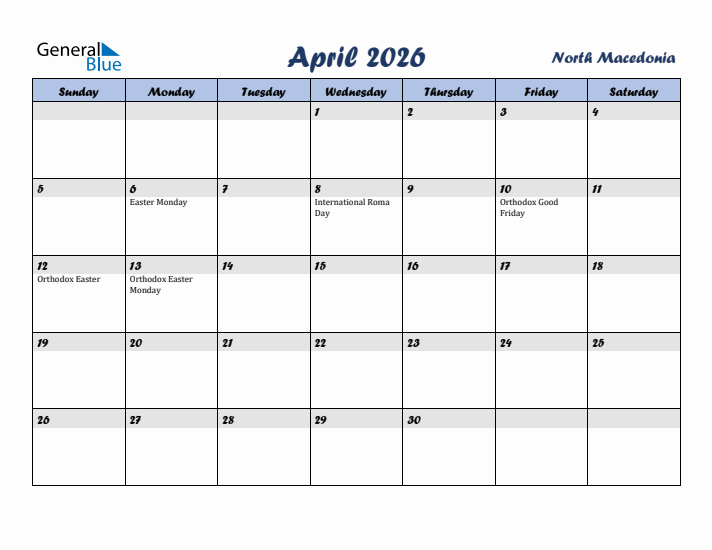 April 2026 Calendar with Holidays in North Macedonia