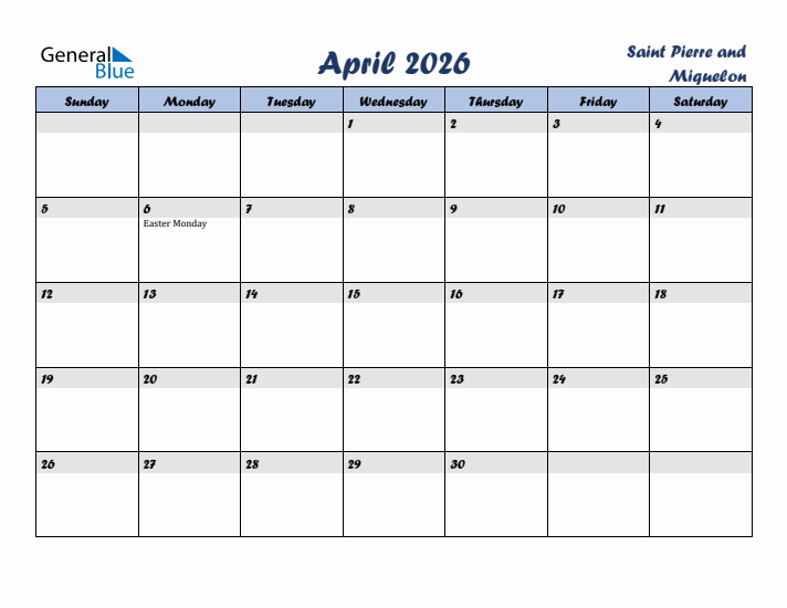 April 2026 Calendar with Holidays in Saint Pierre and Miquelon