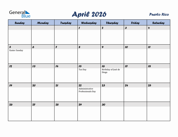 April 2026 Calendar with Holidays in Puerto Rico