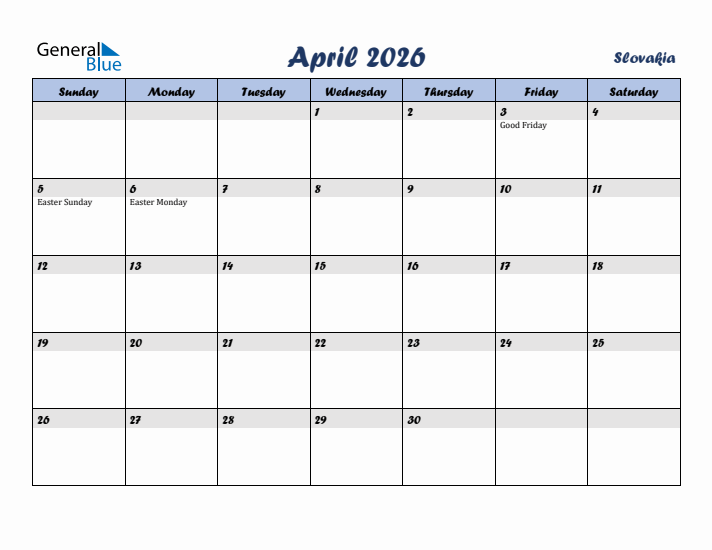 April 2026 Calendar with Holidays in Slovakia