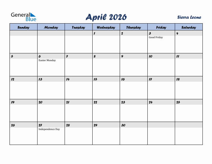 April 2026 Calendar with Holidays in Sierra Leone