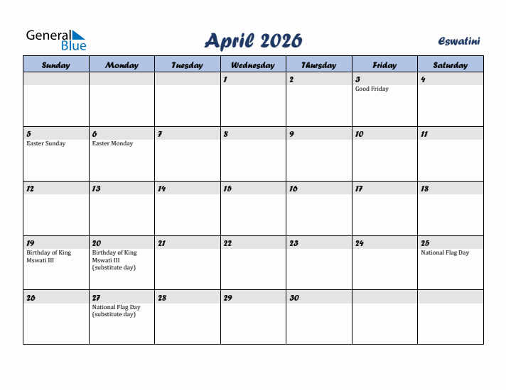 April 2026 Calendar with Holidays in Eswatini