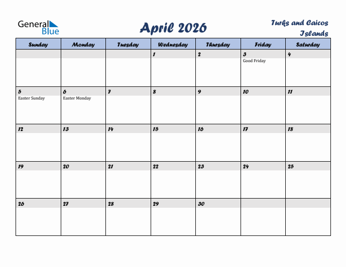 April 2026 Calendar with Holidays in Turks and Caicos Islands