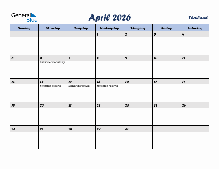 April 2026 Calendar with Holidays in Thailand