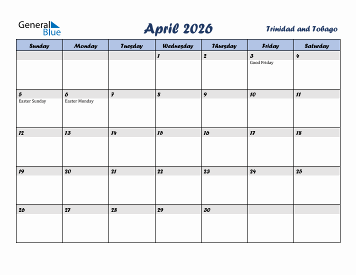 April 2026 Calendar with Holidays in Trinidad and Tobago