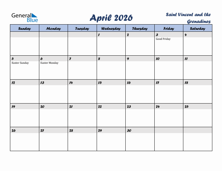 April 2026 Calendar with Holidays in Saint Vincent and the Grenadines