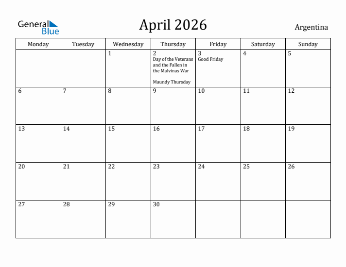 April 2026 Calendar Argentina