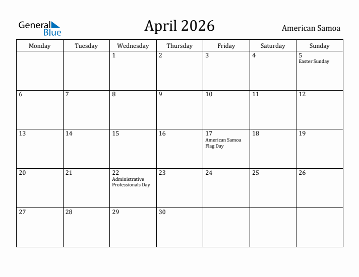April 2026 Calendar American Samoa