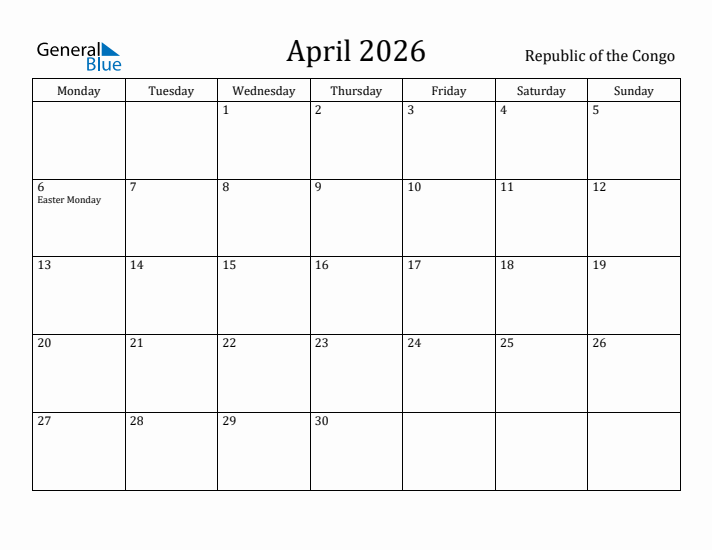 April 2026 Calendar Republic of the Congo
