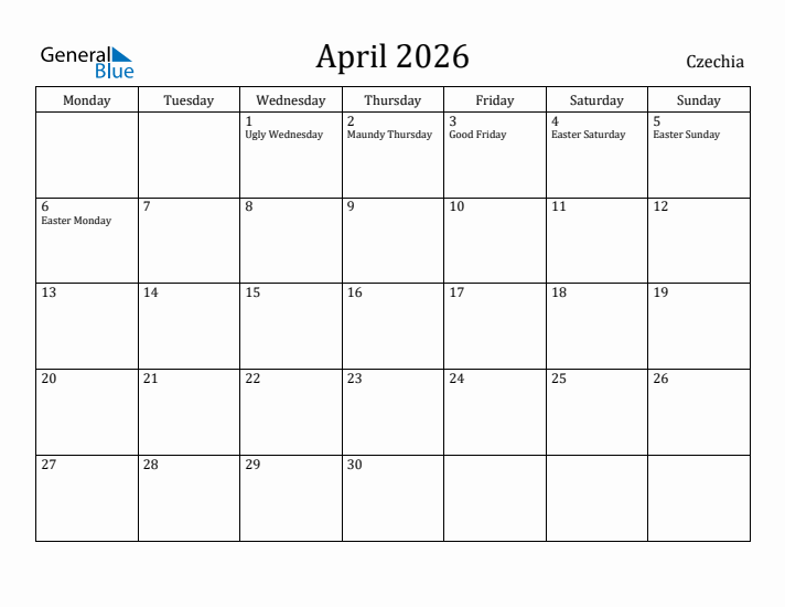 April 2026 Calendar Czechia