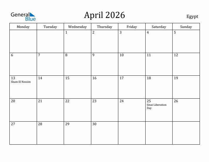 April 2026 Calendar Egypt