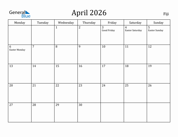 April 2026 Calendar Fiji