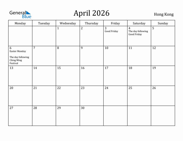 April 2026 Calendar Hong Kong