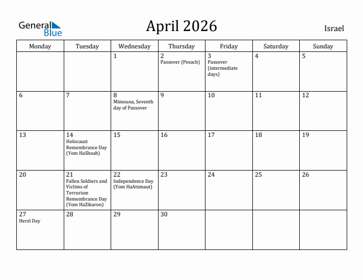April 2026 Calendar Israel