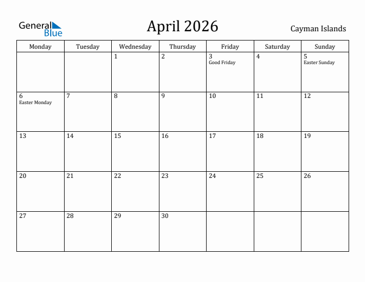 April 2026 Calendar Cayman Islands