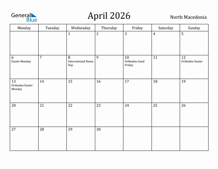 April 2026 Calendar North Macedonia