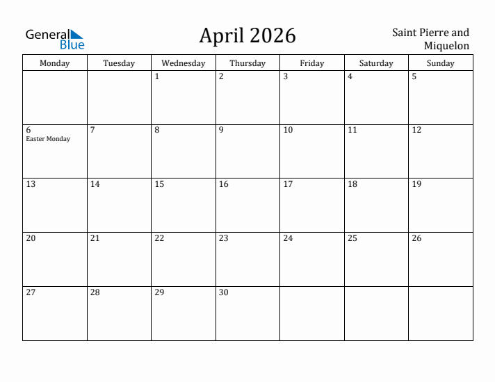April 2026 Calendar Saint Pierre and Miquelon