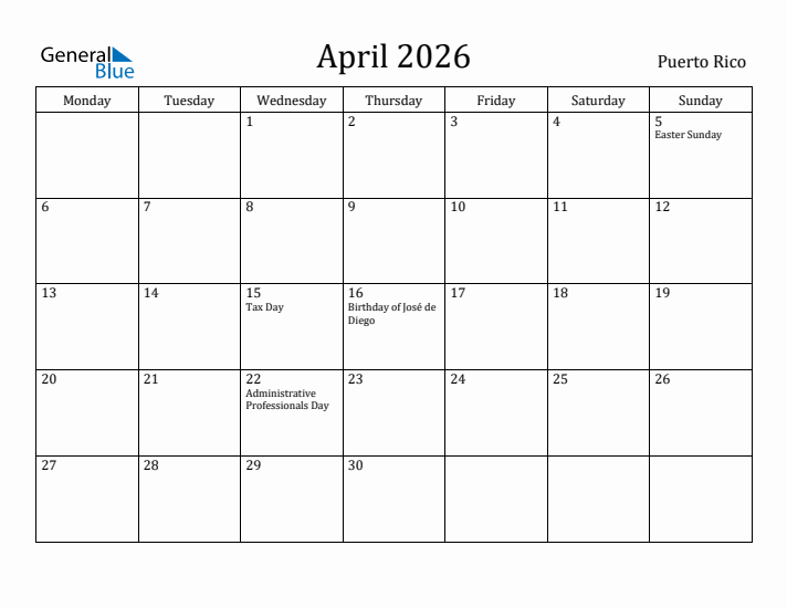 April 2026 Calendar Puerto Rico