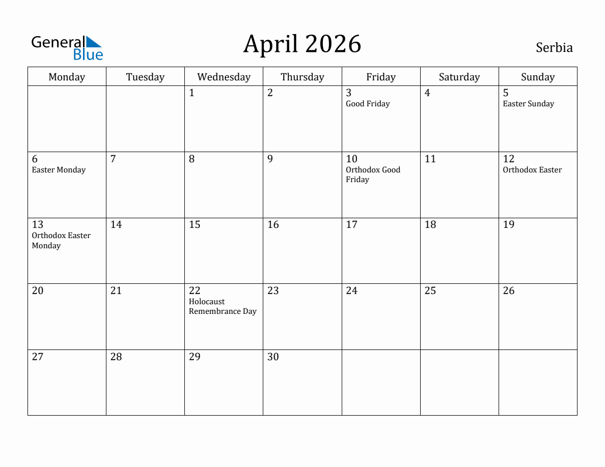 April 2026 Serbia Monthly Calendar with Holidays