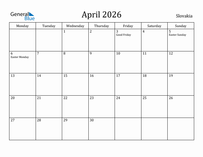 April 2026 Calendar Slovakia
