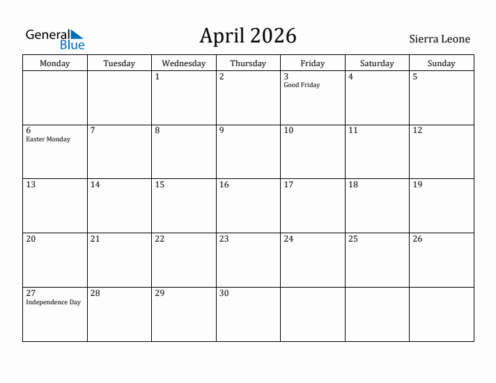 April 2026 Calendar Sierra Leone