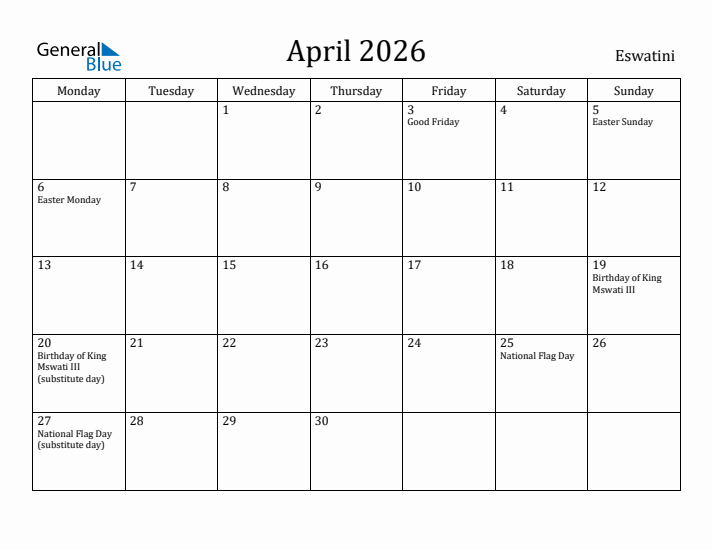 April 2026 Calendar Eswatini