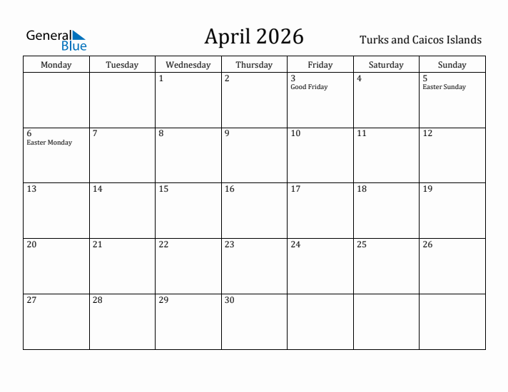 April 2026 Calendar Turks and Caicos Islands