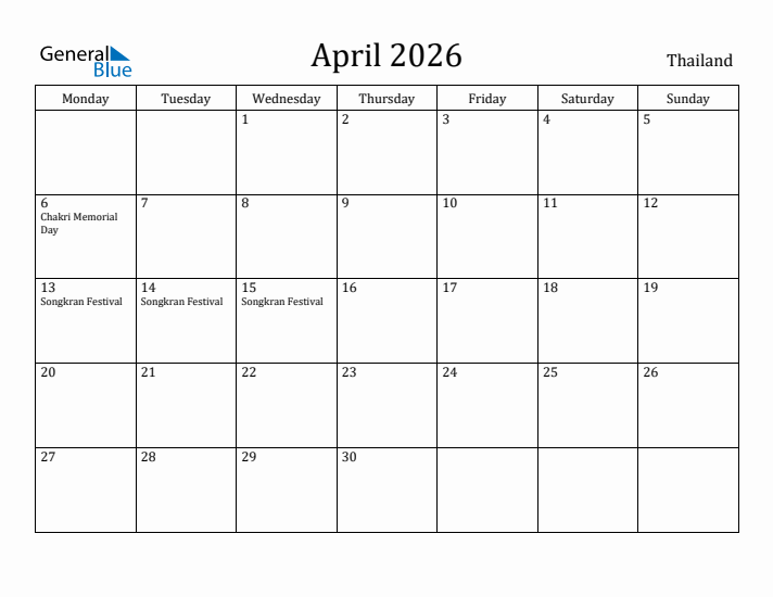 April 2026 Calendar Thailand