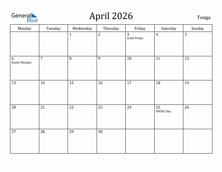 April 2026 Calendar Tonga