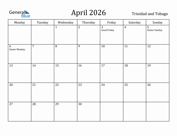 April 2026 Calendar Trinidad and Tobago