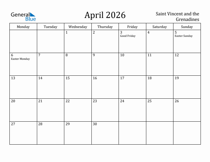 April 2026 Calendar Saint Vincent and the Grenadines