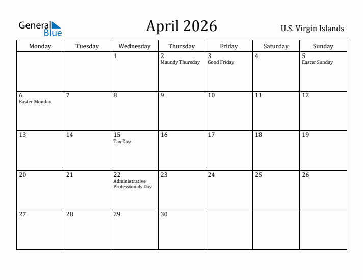 April 2026 Calendar U.S. Virgin Islands