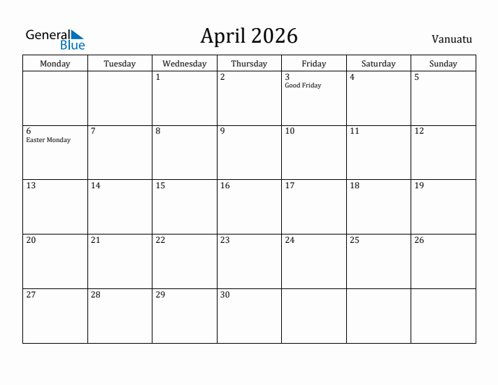 April 2026 Calendar Vanuatu