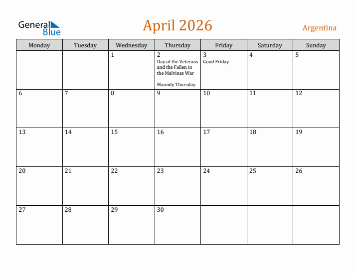 April 2026 Holiday Calendar with Monday Start