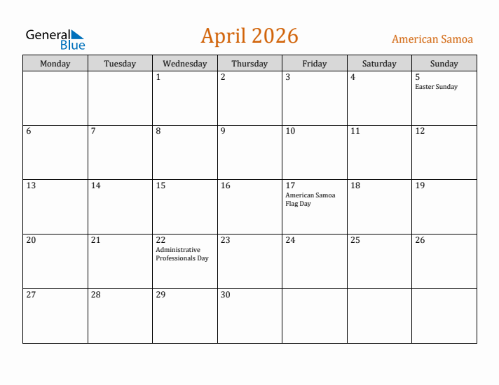 April 2026 Holiday Calendar with Monday Start