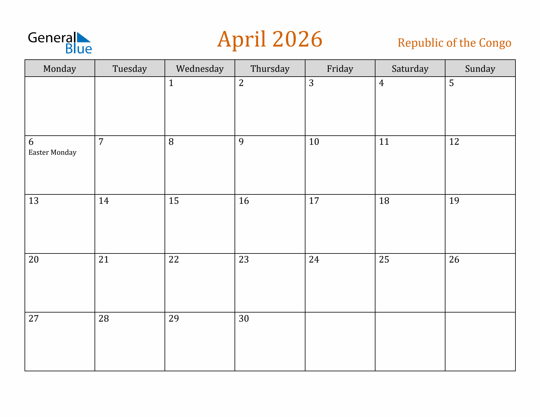April 2026 Holiday Calendar with Monday Start