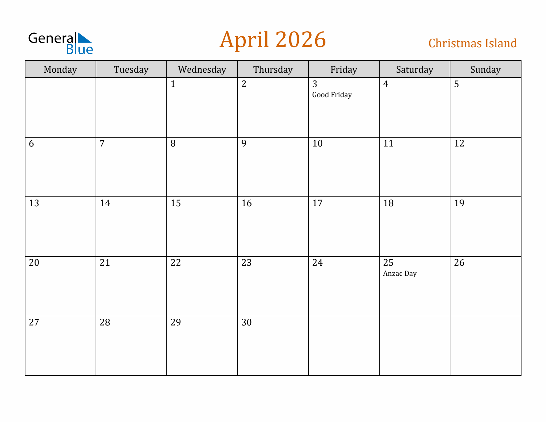 April 2026 Holiday Calendar with Monday Start