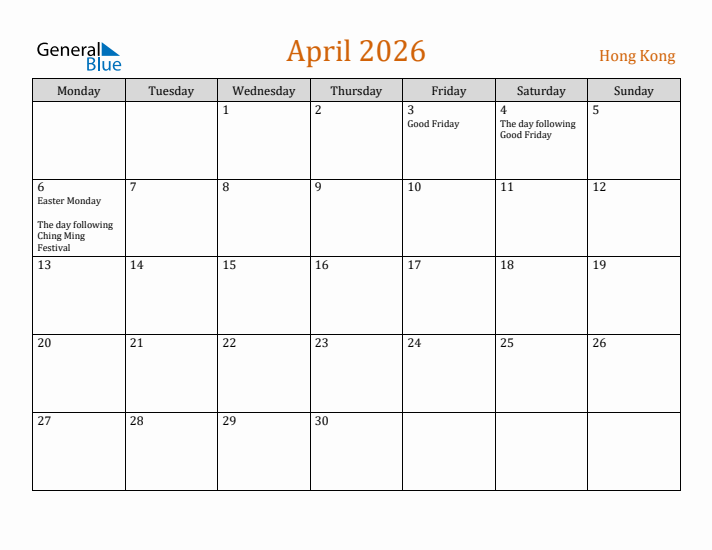 April 2026 Holiday Calendar with Monday Start