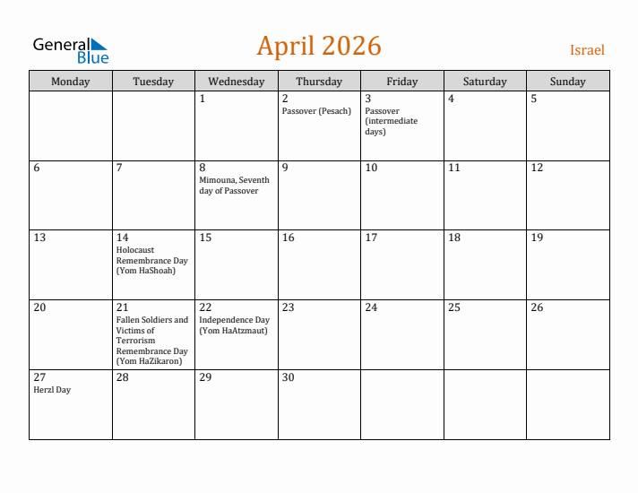 April 2026 Holiday Calendar with Monday Start
