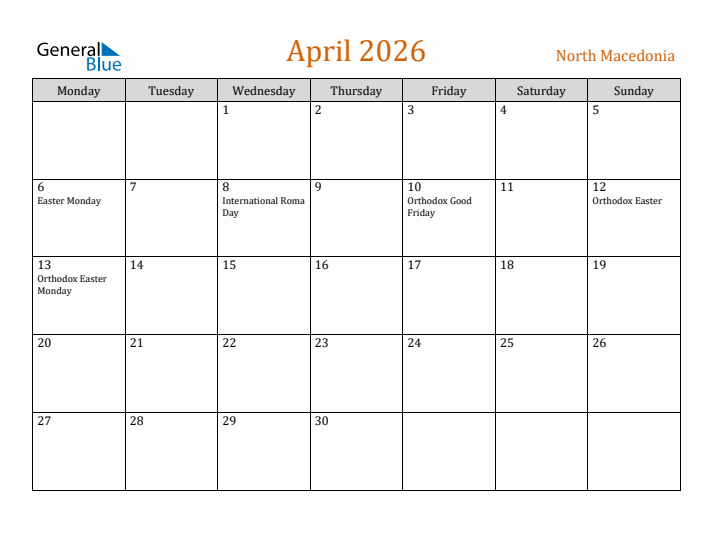 April 2026 Holiday Calendar with Monday Start