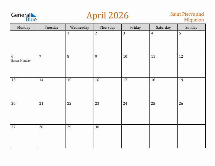 April 2026 Holiday Calendar with Monday Start