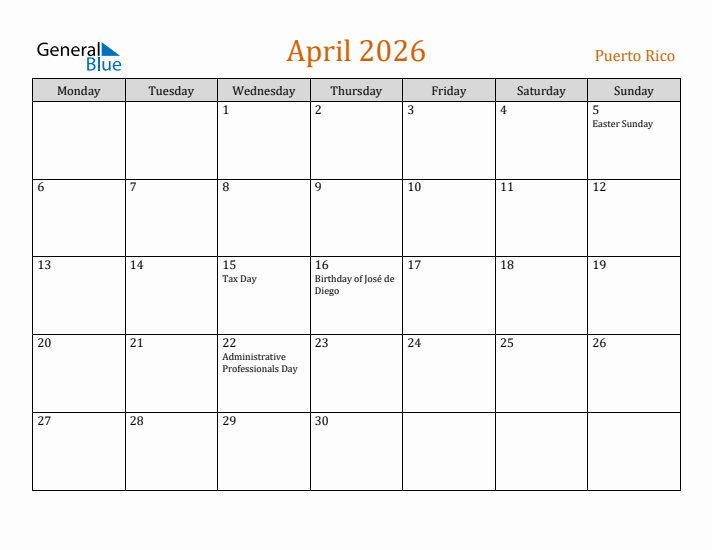 April 2026 Holiday Calendar with Monday Start