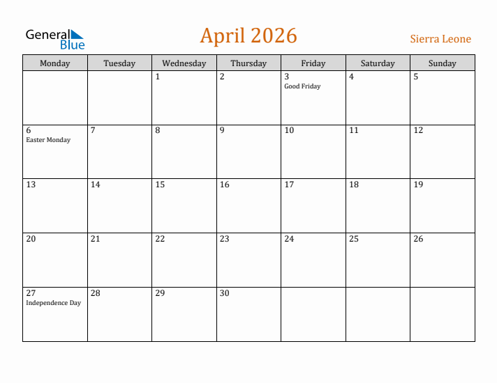 April 2026 Holiday Calendar with Monday Start