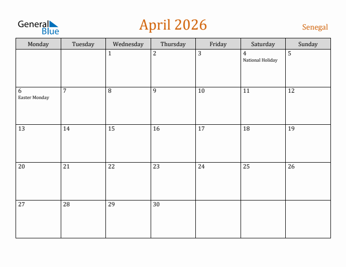 April 2026 Holiday Calendar with Monday Start
