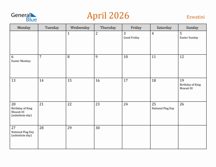 April 2026 Holiday Calendar with Monday Start