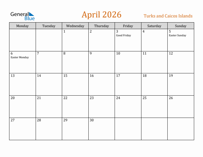 April 2026 Holiday Calendar with Monday Start