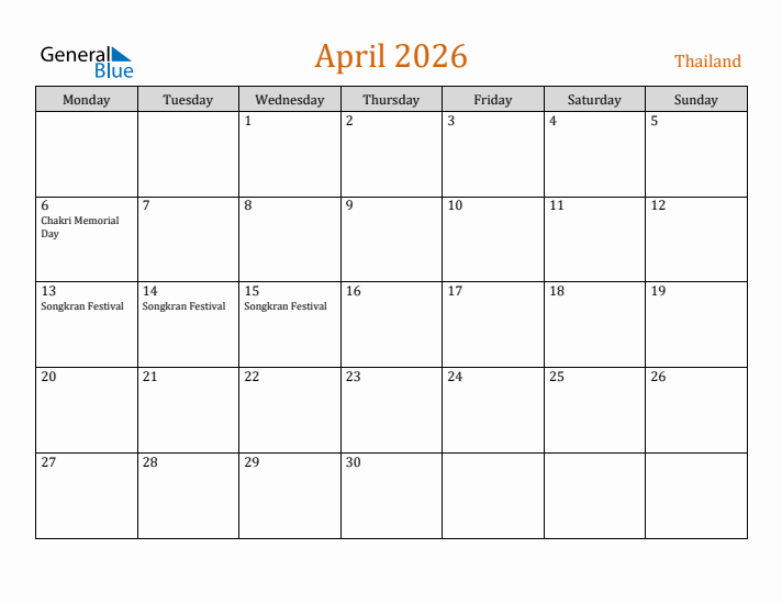 April 2026 Holiday Calendar with Monday Start
