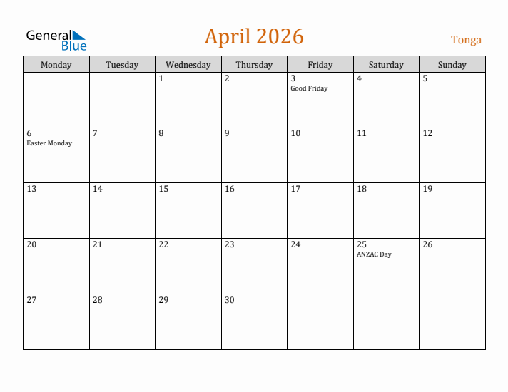 April 2026 Holiday Calendar with Monday Start